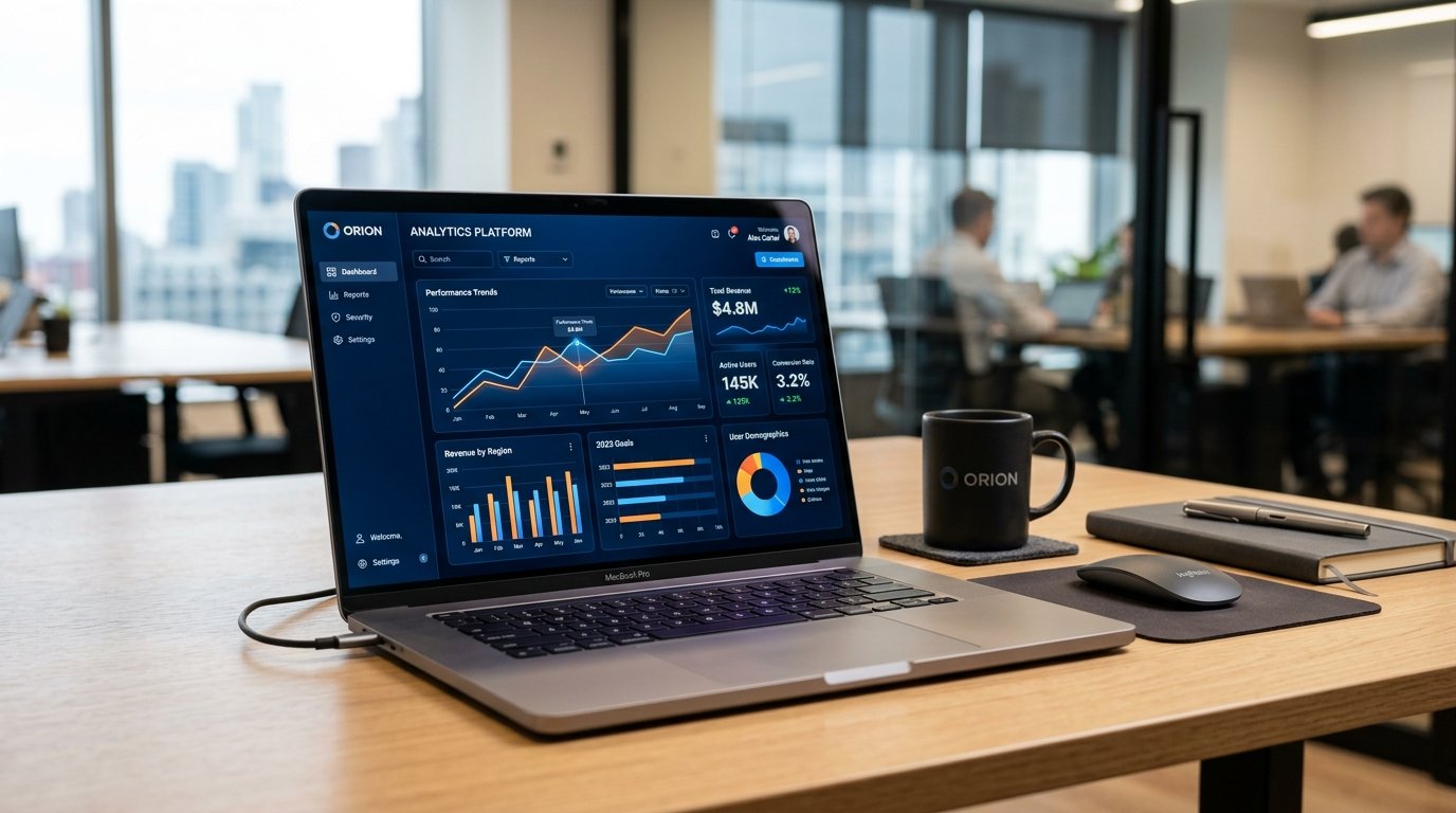 Dashboard de gestão empresarial AGUS em um notebook